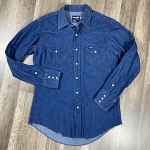 Vintage Wrangler Denim Pearl Snap Shirt M 16/34 Western Long Tails USA 70s 80s